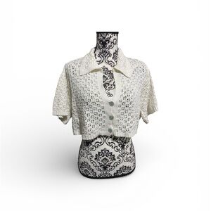 Milio Milano White Crochet Short Sleeves Button-Down Sweater Sz-M/L